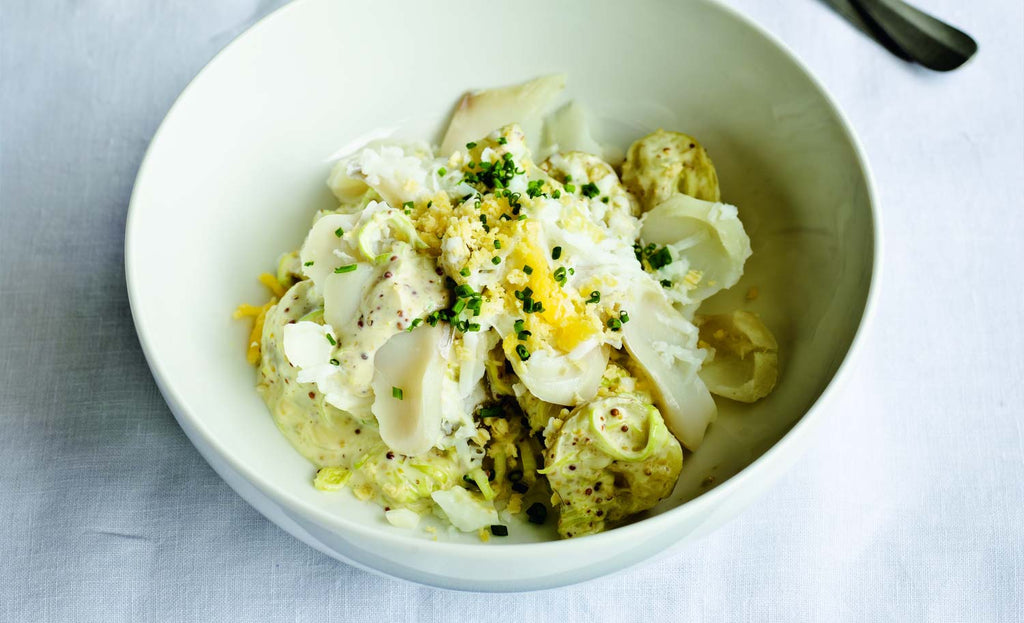 A bowel of smoked haddock, potato, leek and egg salad