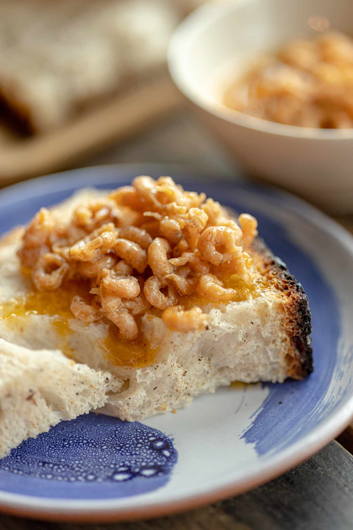 Rockfish potted Bay Shrimps on crusty sourdough bread - The best seafood accompaniment