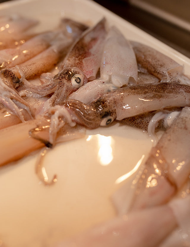 Quick fried squid with garlic, lemon and Sauce Romesco