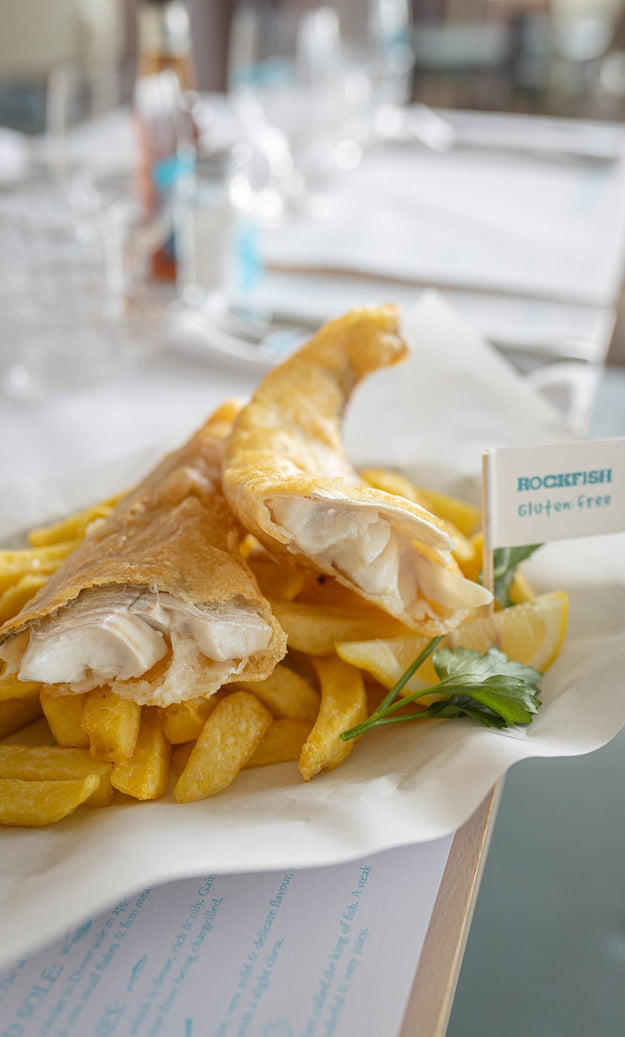 Rockfish gluten free Haddock and chips in a rockfish restaurant