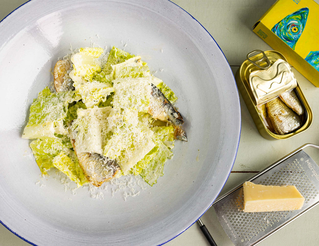 Rockfish Caesar salad with tinned sardines