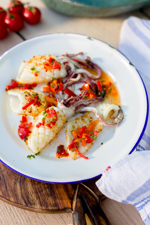 Barbecued squid with tomato and chilli recipe