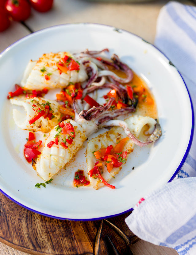 Barbecued squid with tomato and chilli recipe