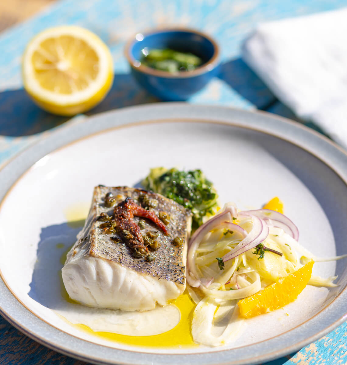 Hake with fennel salad and crunchy salsa verde
