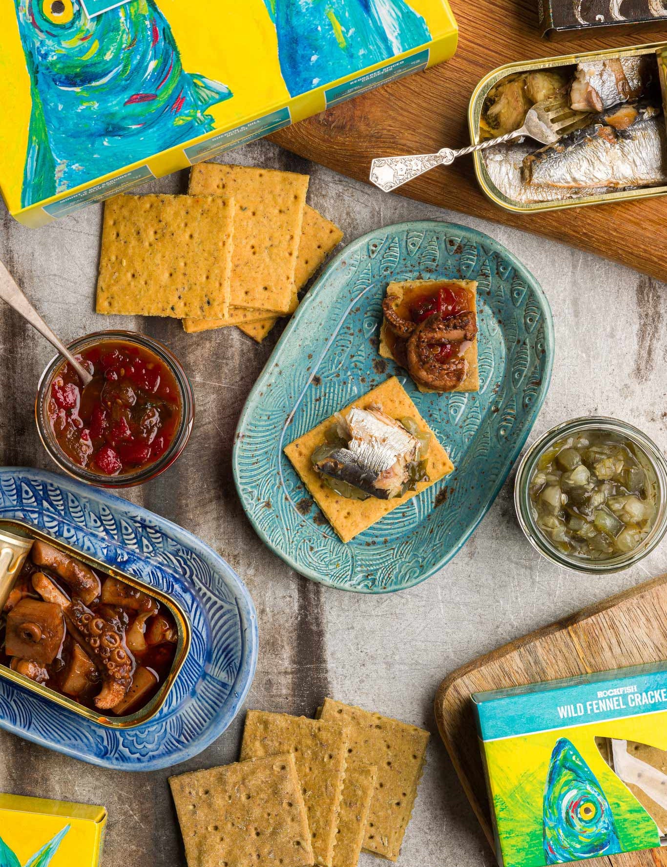 Rockfish tinned British seafood selection box including crackers, relish and tinned seafood from Britain