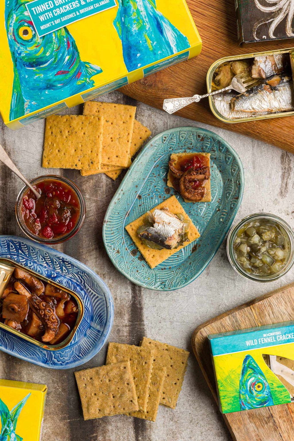 Rockfish tinned British seafood selection box including crackers, relish and tinned seafood from Britain