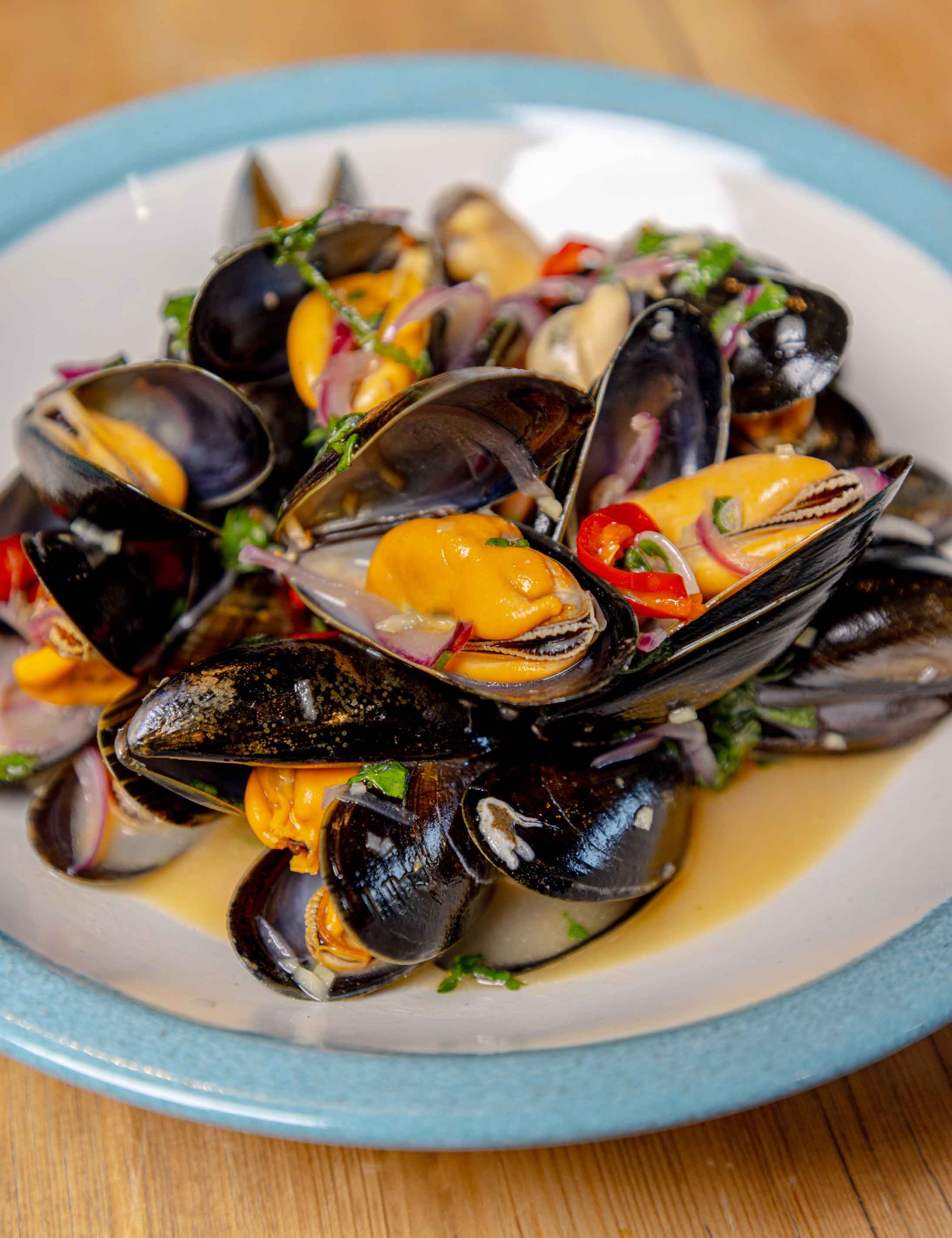 Plate of sweet and sour mussels
