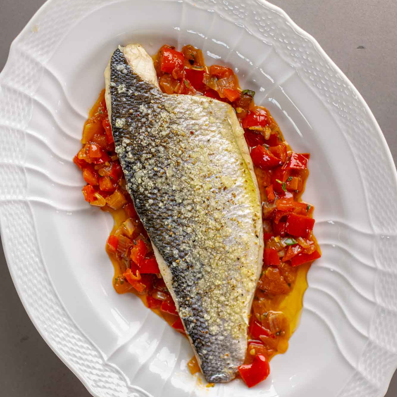 Rockfish sea bass fillet with peperonata sauce