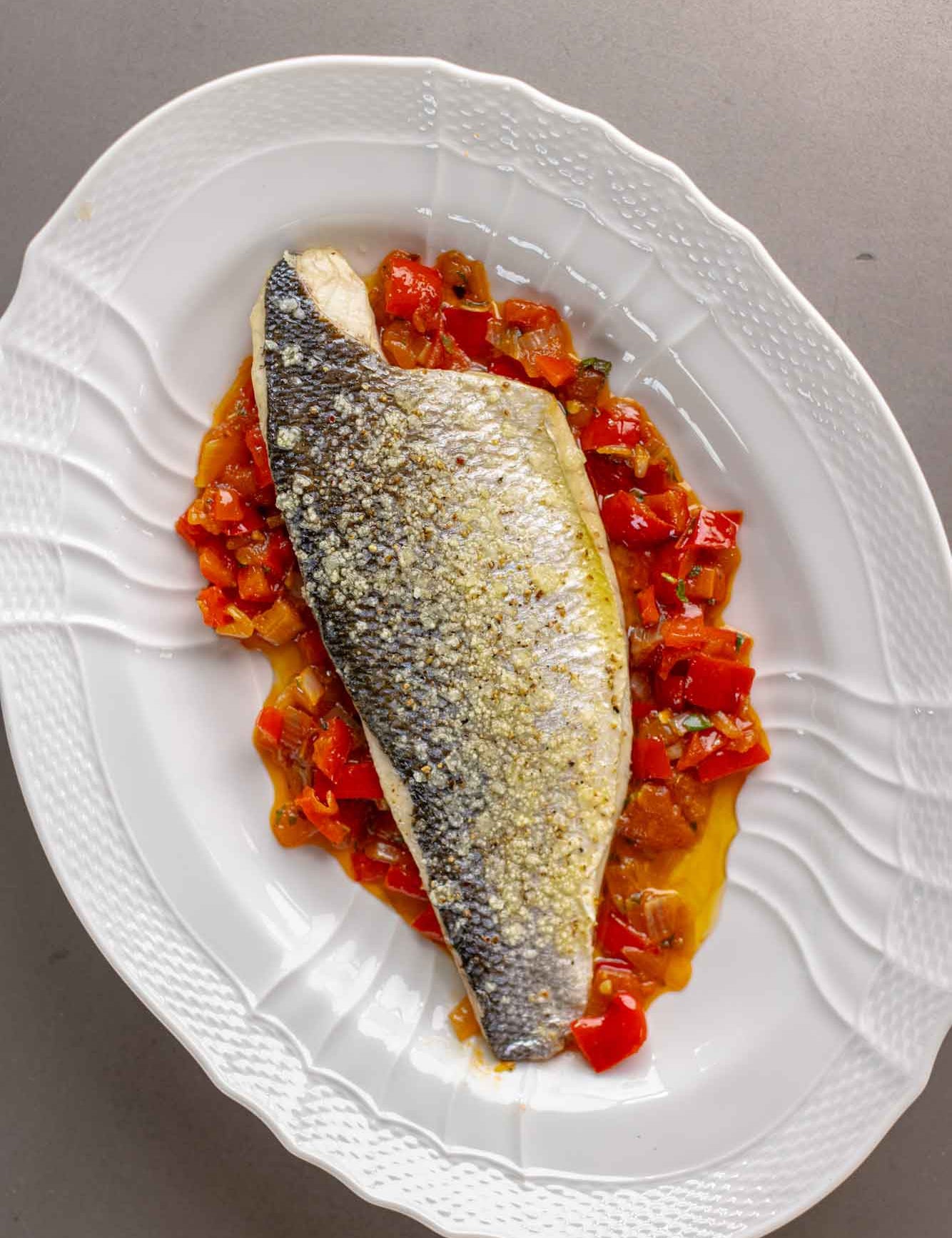 Rockfish sea bass fillet with peperonata sauce