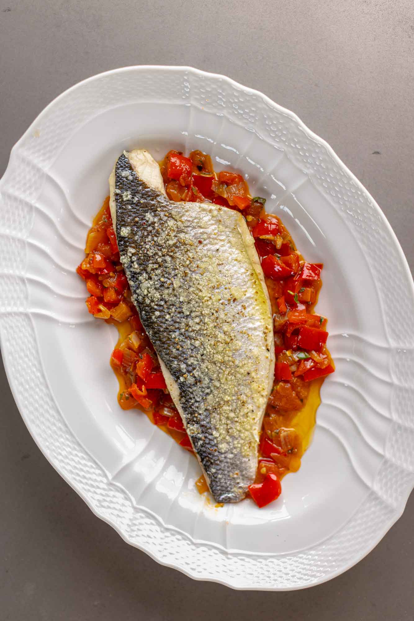 Rockfish sea bass fillet with peperonata sauce