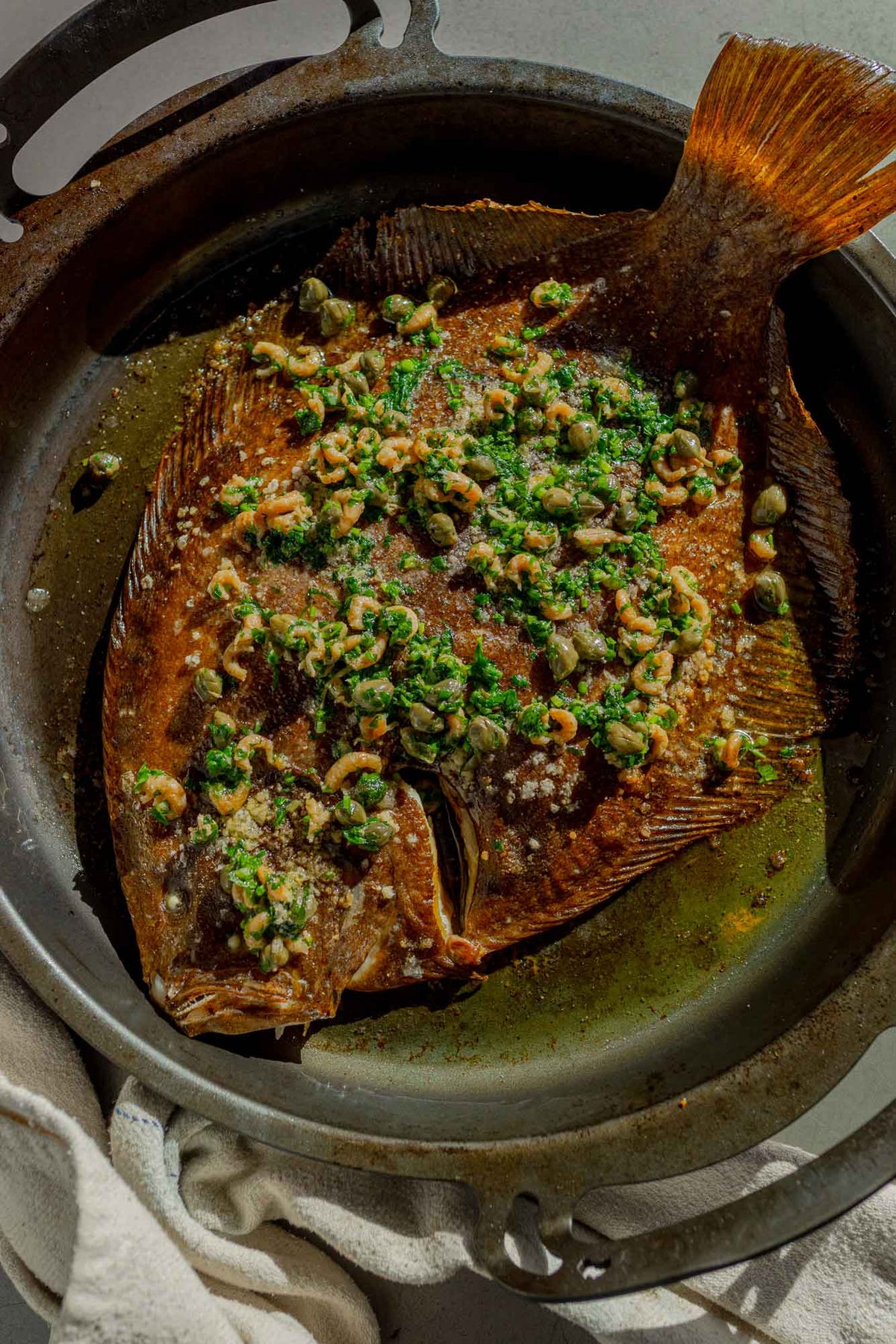 Whole roasted Rockfish brill served with potted shrimp