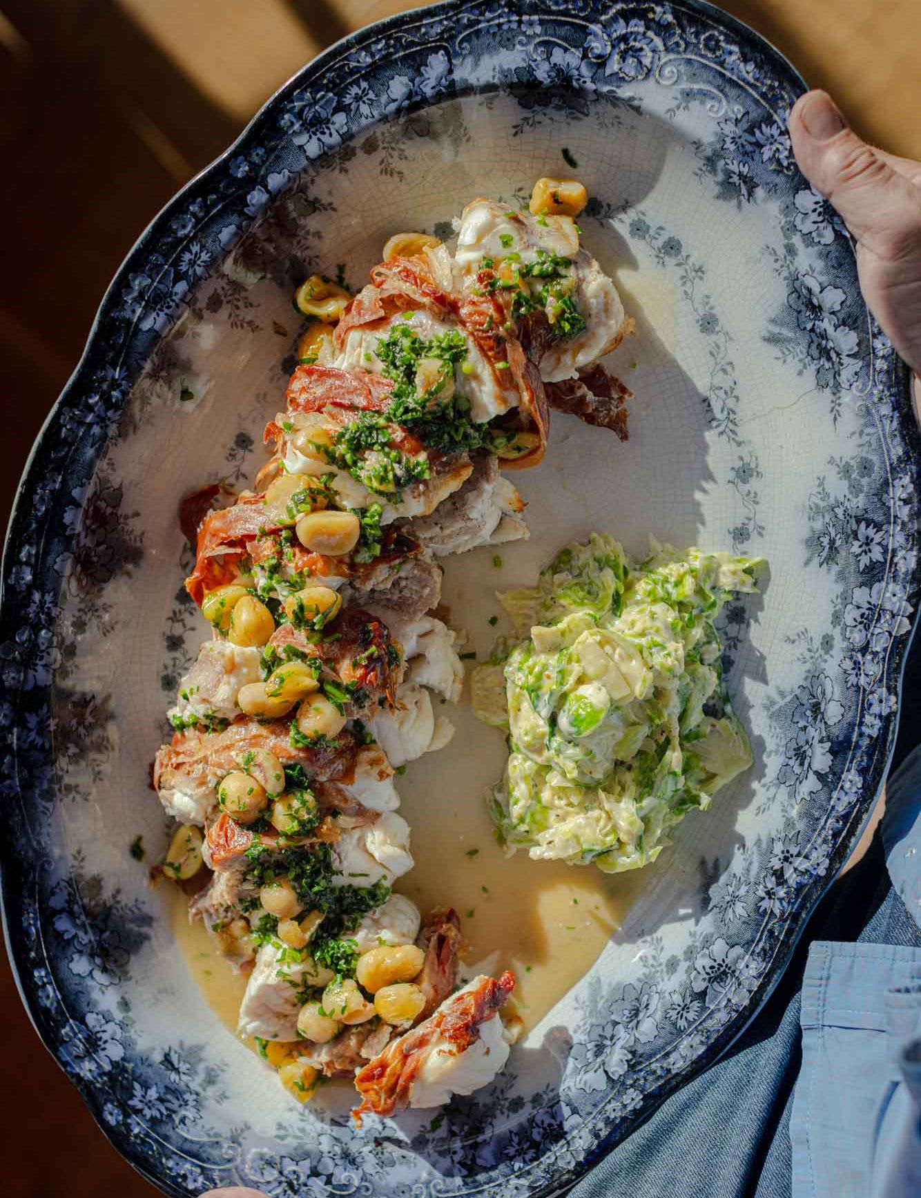 Roasted monkfish served with chestnuts and shredded sprouts