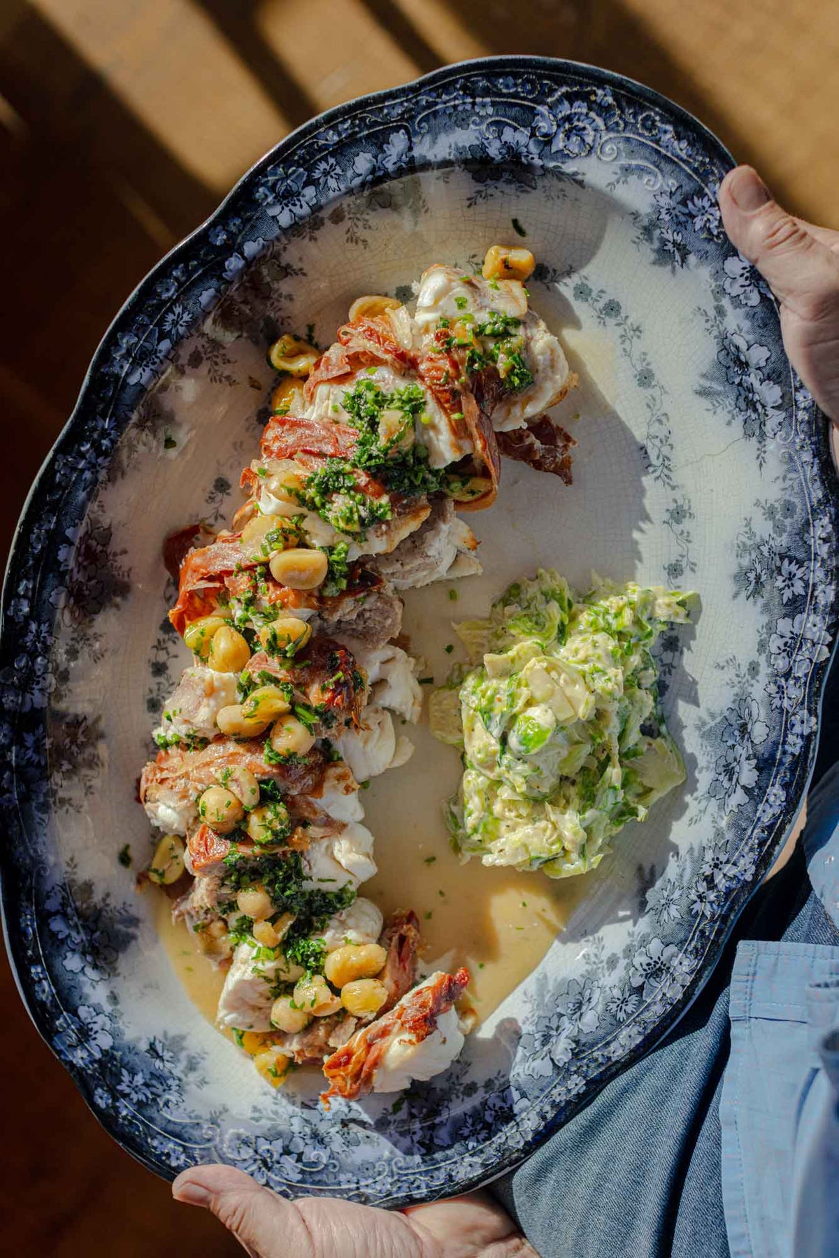 Roasted monkfish served with chestnuts and shredded sprouts
