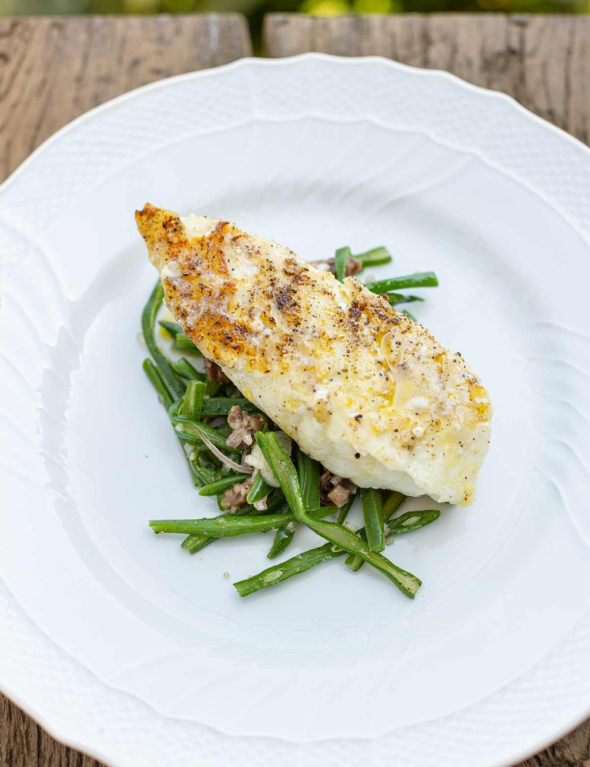Barbecued Ling with green bean and anchovy salad.
