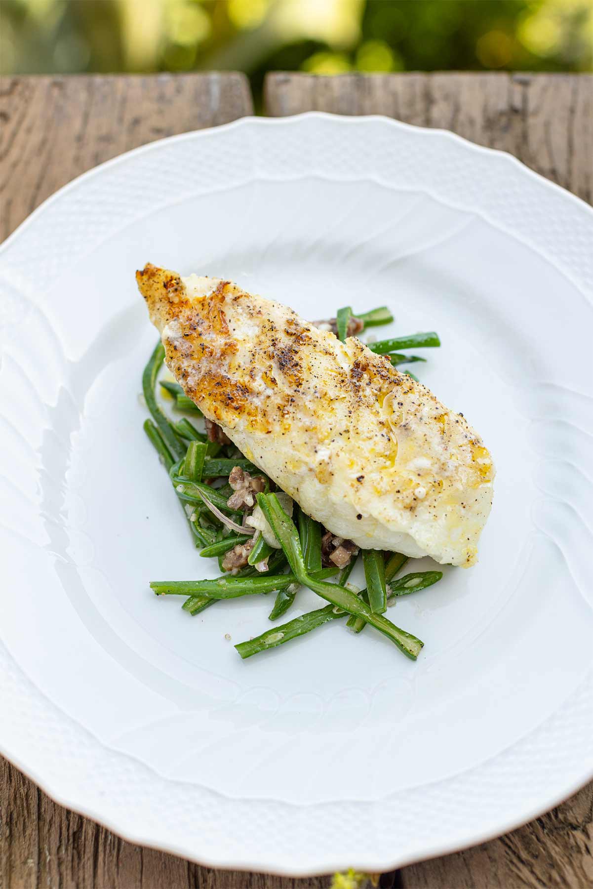 Barbecued Ling with green bean and anchovy salad.