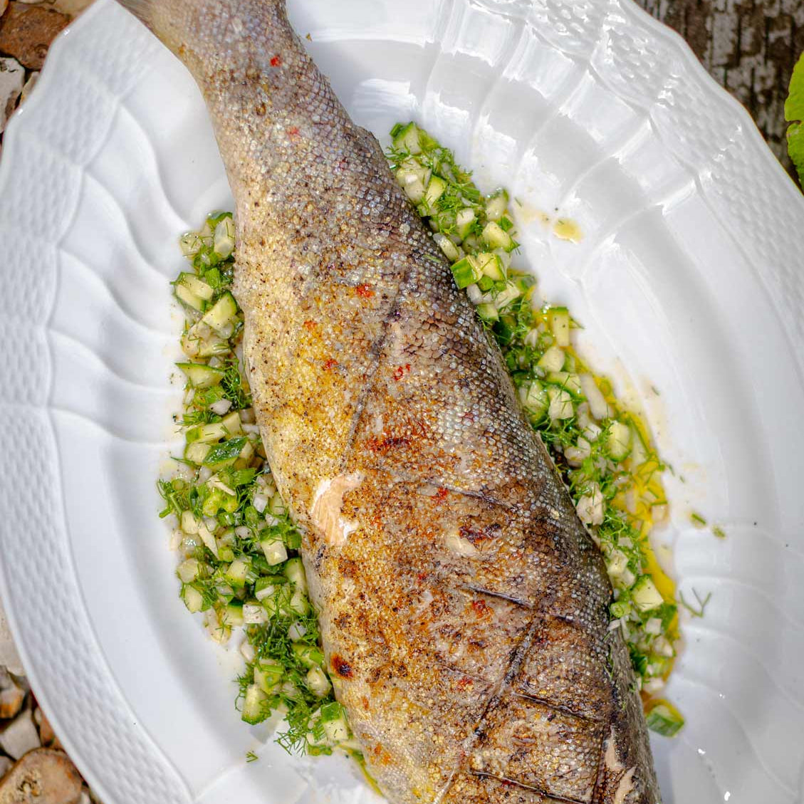 Barbecued wild Lough Neagh brown trout with cucumber and fennel relish - Recipe by Mark Hix and fish delivered across the UK by Rockfish