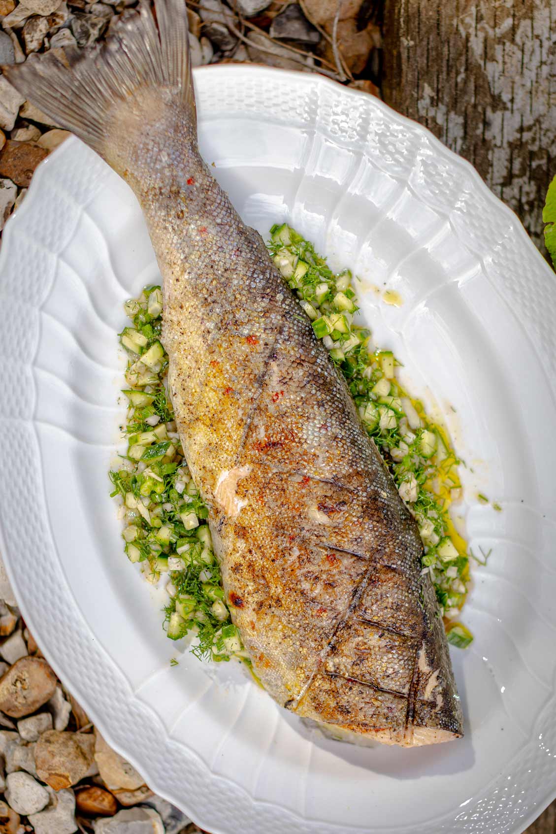 Barbecued wild Lough Neagh brown trout with cucumber and fennel relish - Recipe by Mark Hix and fish delivered across the UK by Rockfish