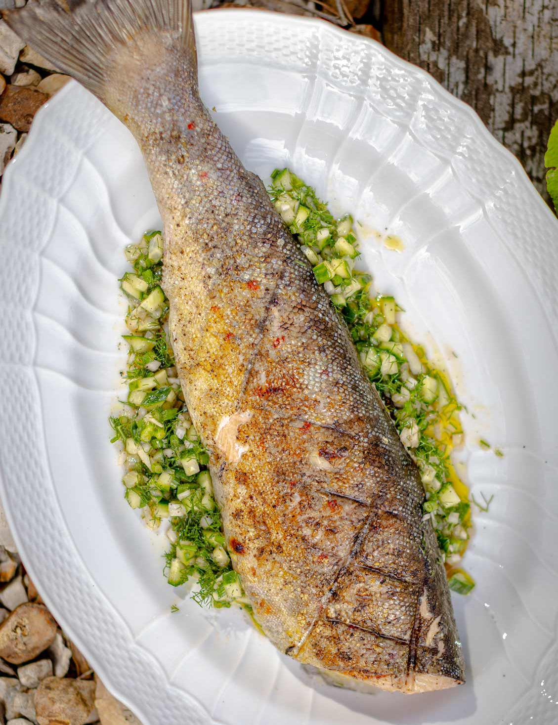 Barbecued wild Lough Neagh brown trout with cucumber and fennel relish - Recipe by Mark Hix and fish delivered across the UK by Rockfish