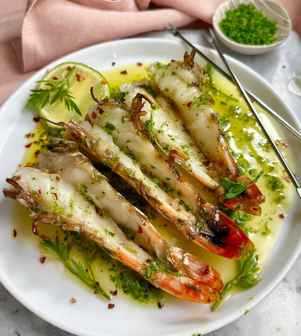 Butterflied Skull Island Prawns in Garlic Butter, Chilli and Chives