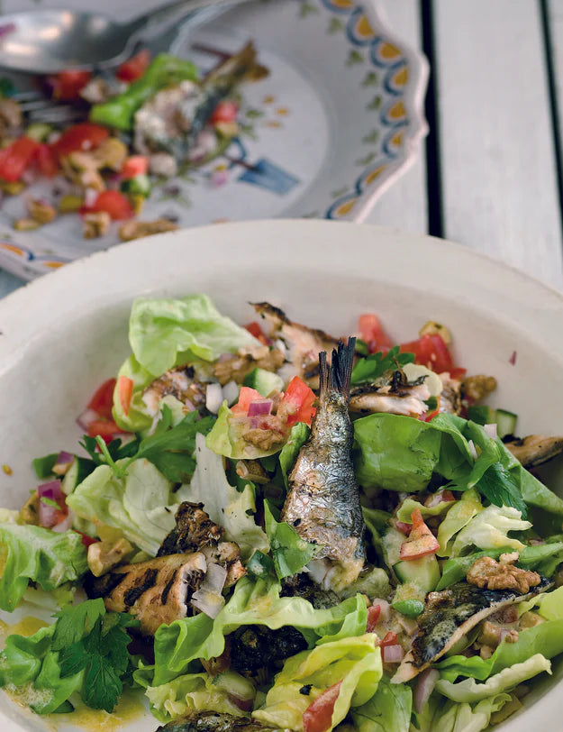 Grilled sardine, walnut and olive salad