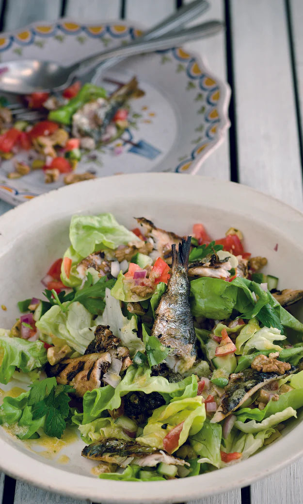 Grilled sardine, walnut and olive salad