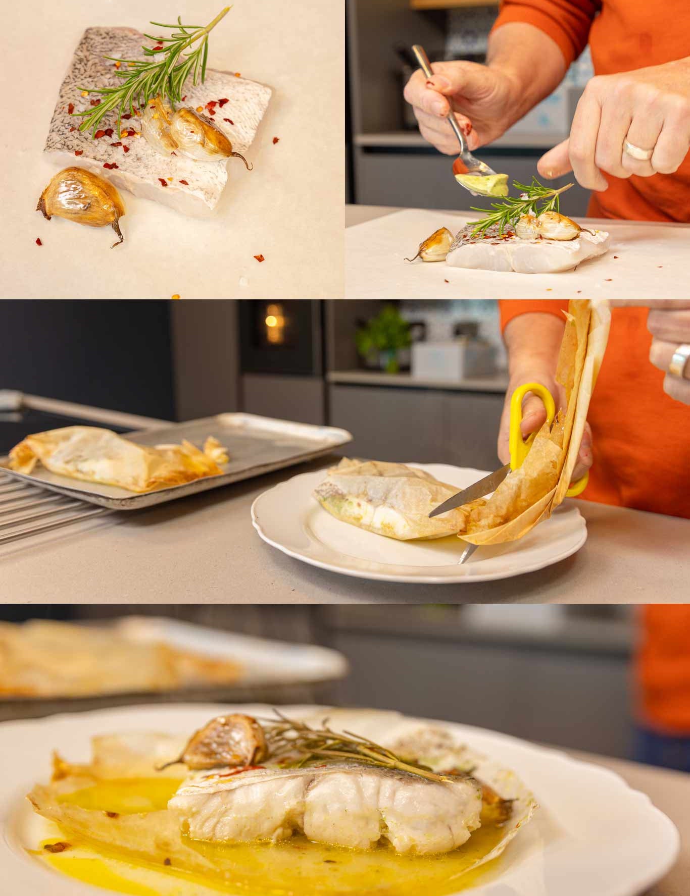 Hake cooked in paper with garlic butter recipe