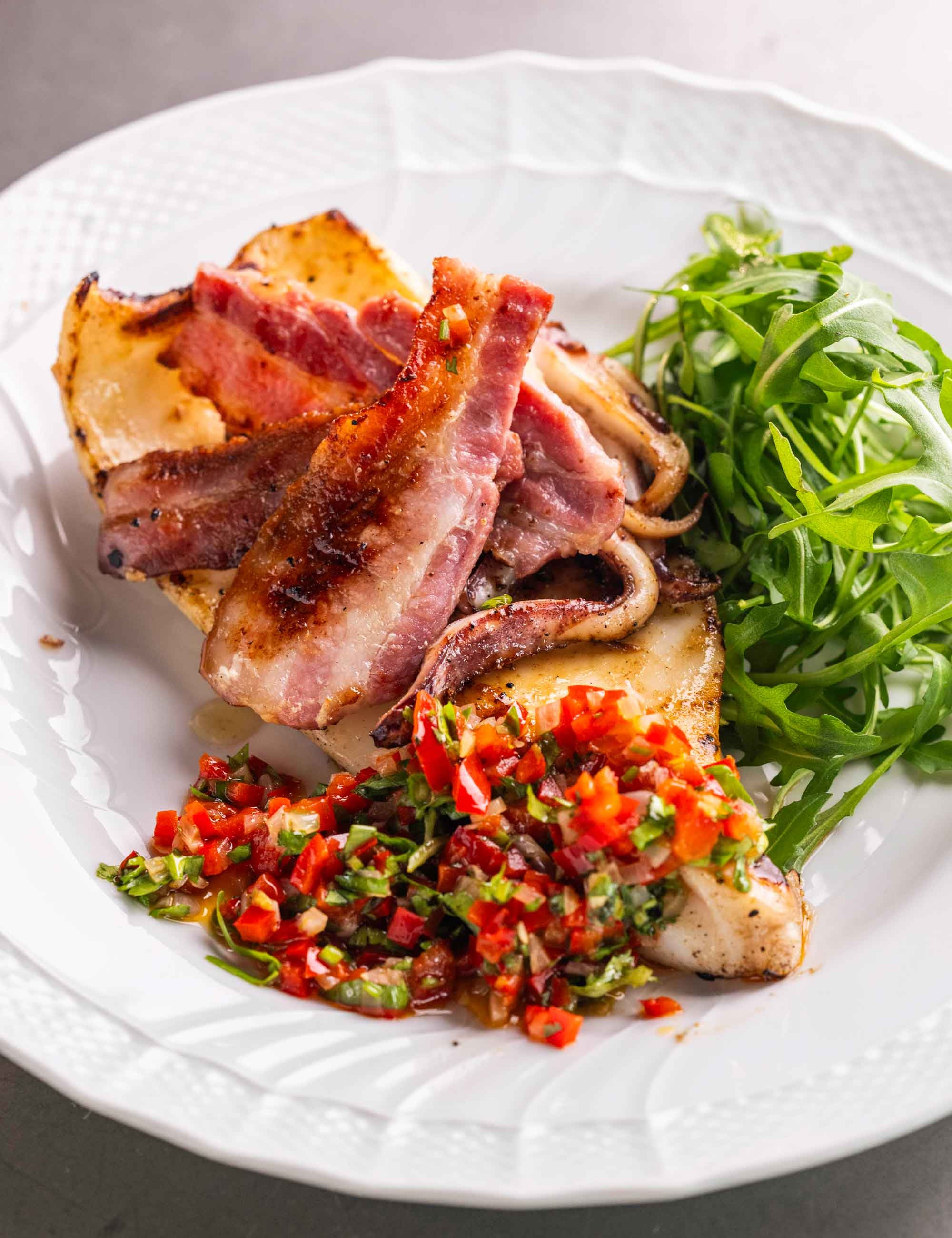 Chargrilled squid with Italian bacon