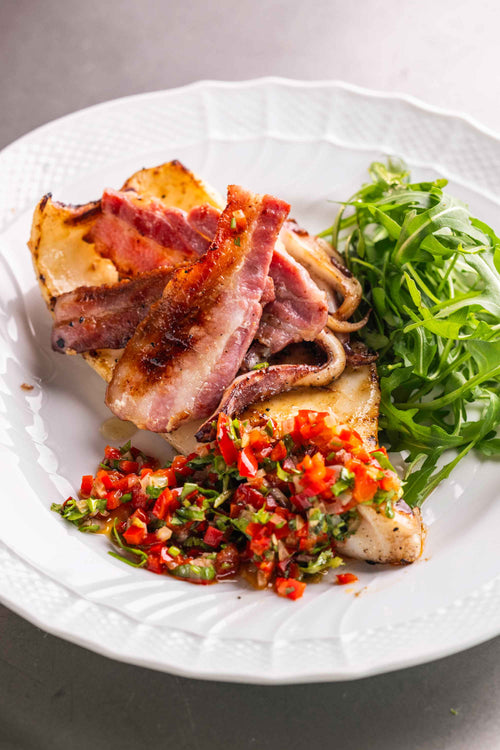 Char-grilled squid with Italian bacon