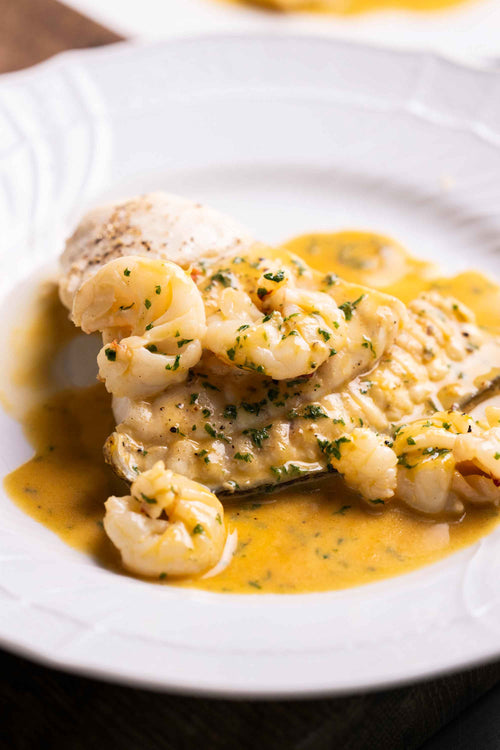 Fillet of Rockfish turbot with wild Atlantic prawns