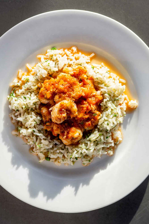 Scampi provencal with rice