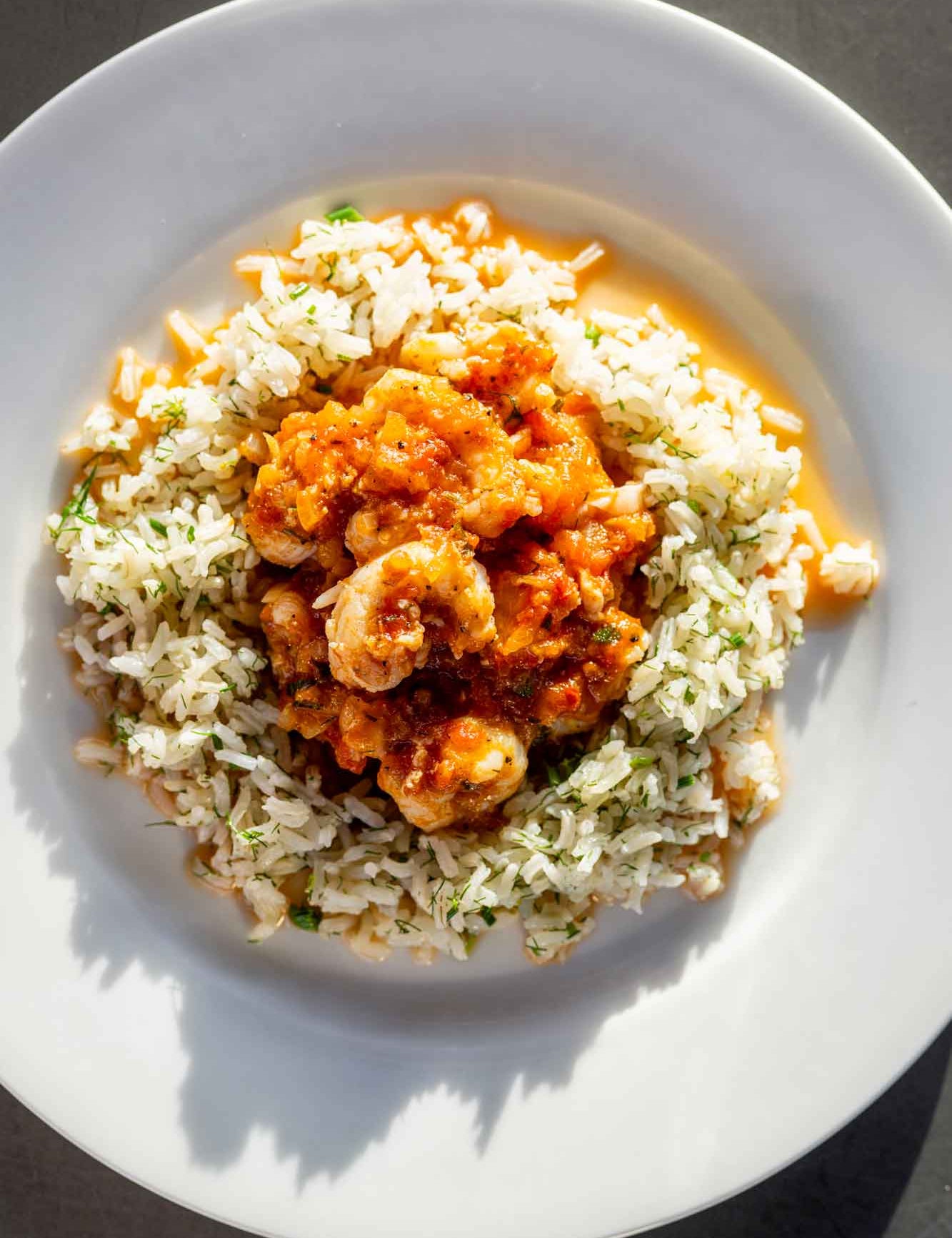 Scampi provencal with rice