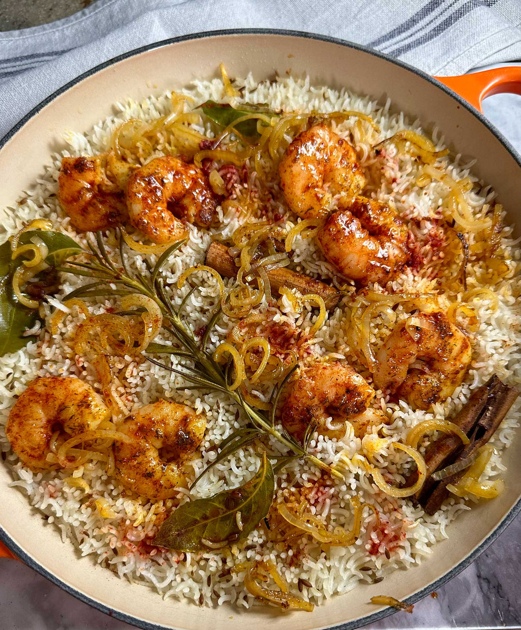 Fragrant Baked Rice with Spicy Karumba Banana Prawns