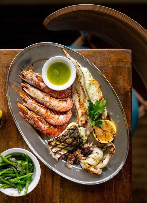 The Mixed grill at Rockfish - jumbo prawns, monkfish, squid and hake chargrilled to perfection