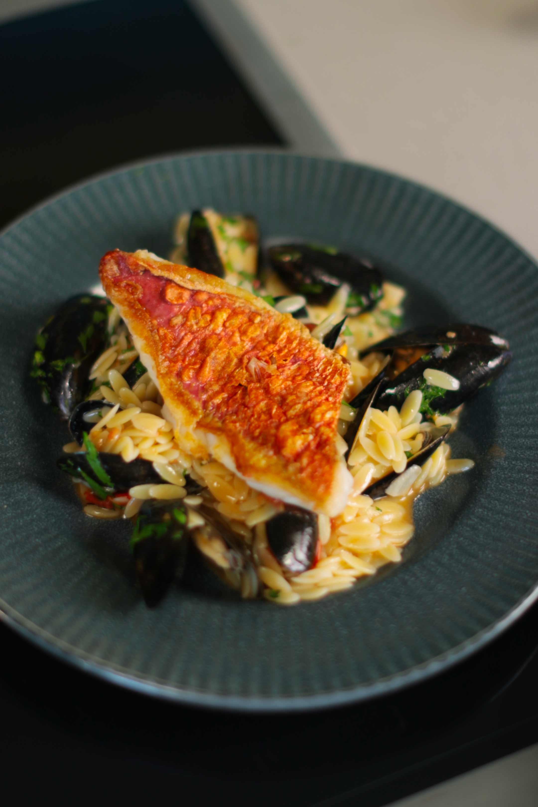 Pan-fried red mullet with orzo and mussels