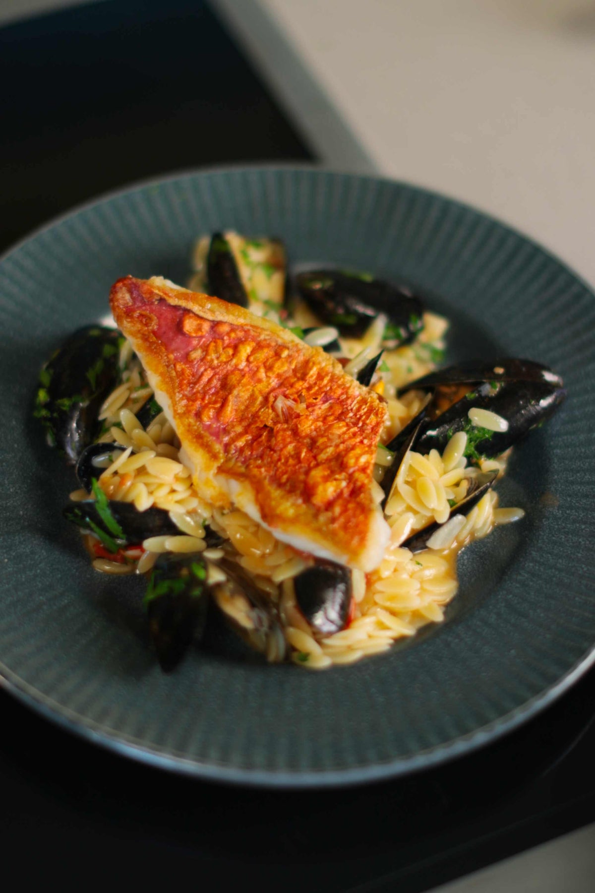 Pan-fried red mullet with orzo and mussels