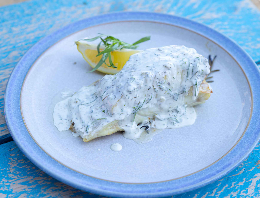 Grilled Turbot Steak with Tartare Sauce