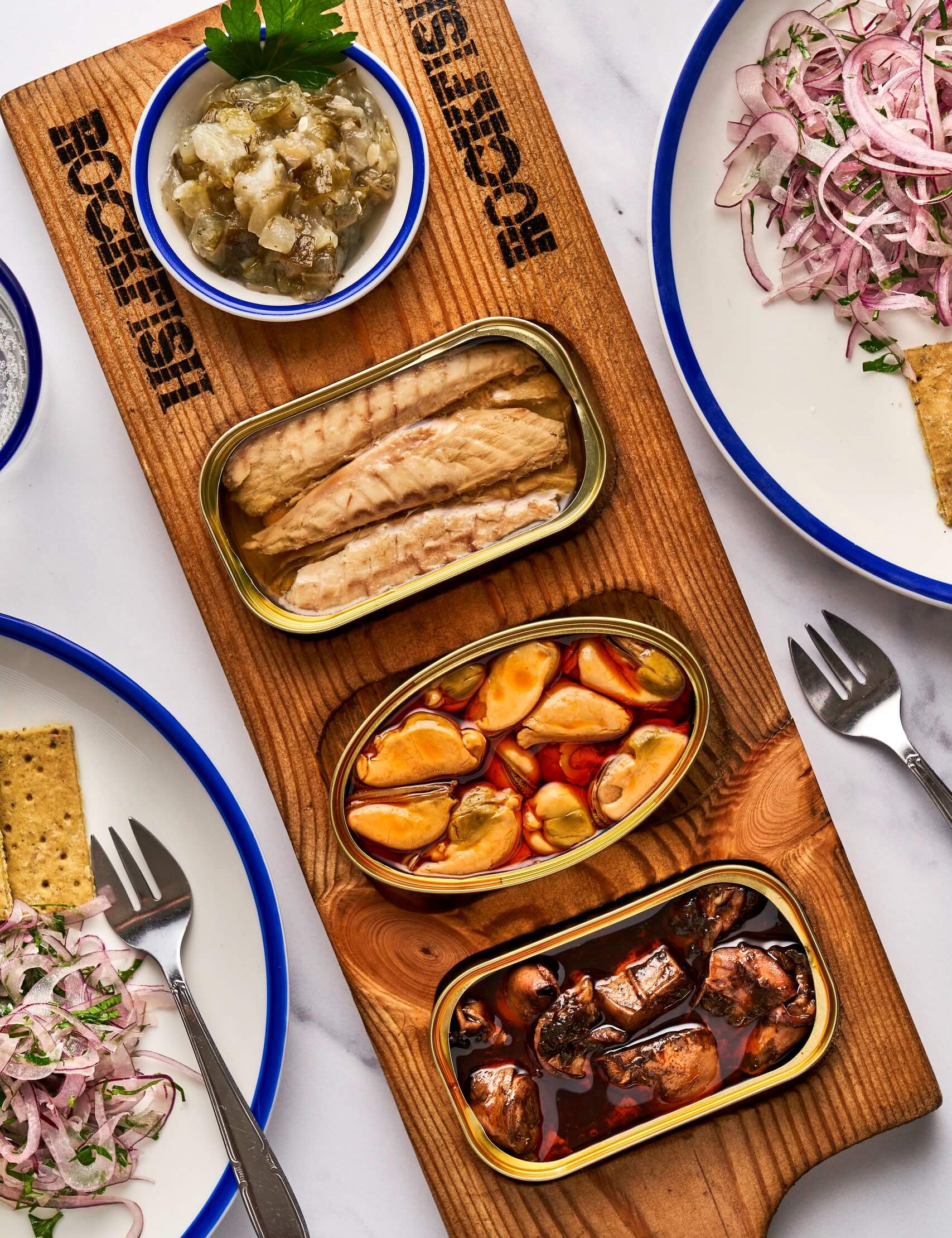 Tinned seafood sharing platter