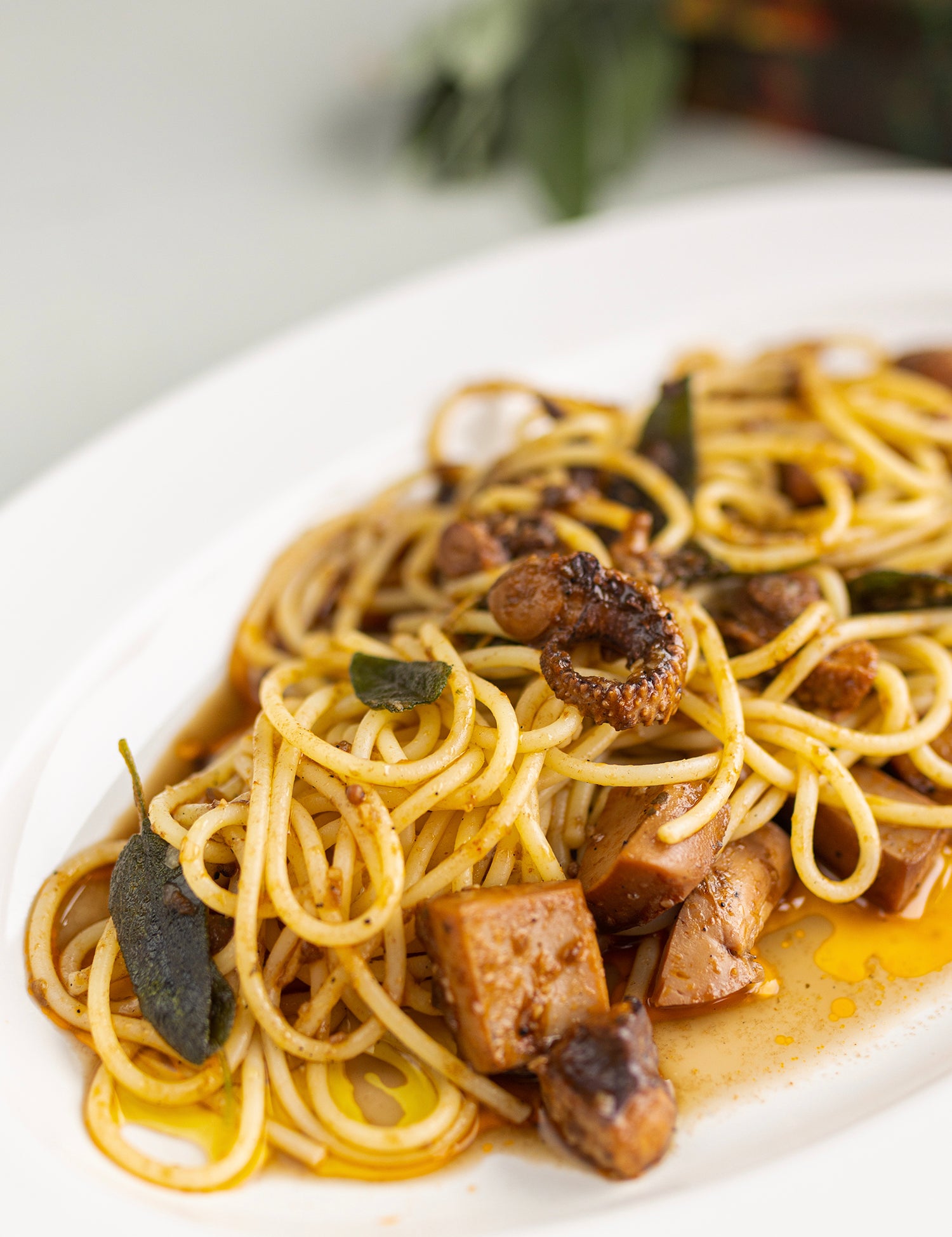 Spaghetti with Rockfish tinned cuttlefish, garlic and sage by Rockfish Seafood at Home