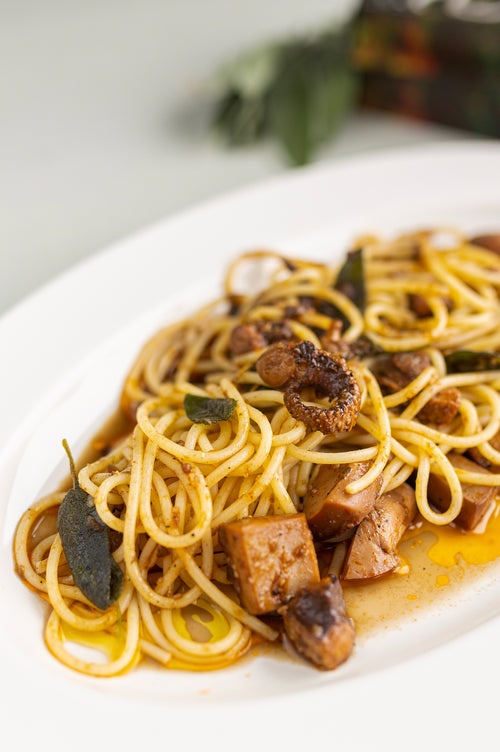 Spaghetti with Rockfish tinned cuttlefish, garlic and sage by Rockfish Seafood at Home