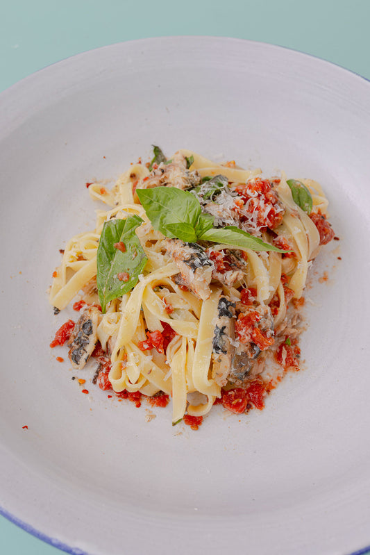 Simple Seafood Suppers - Tinned Sardines with tomato & tagliatelle