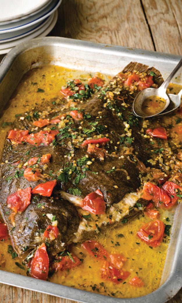 A whole oven poached brill with tomatoes, thyme and saffron recipe