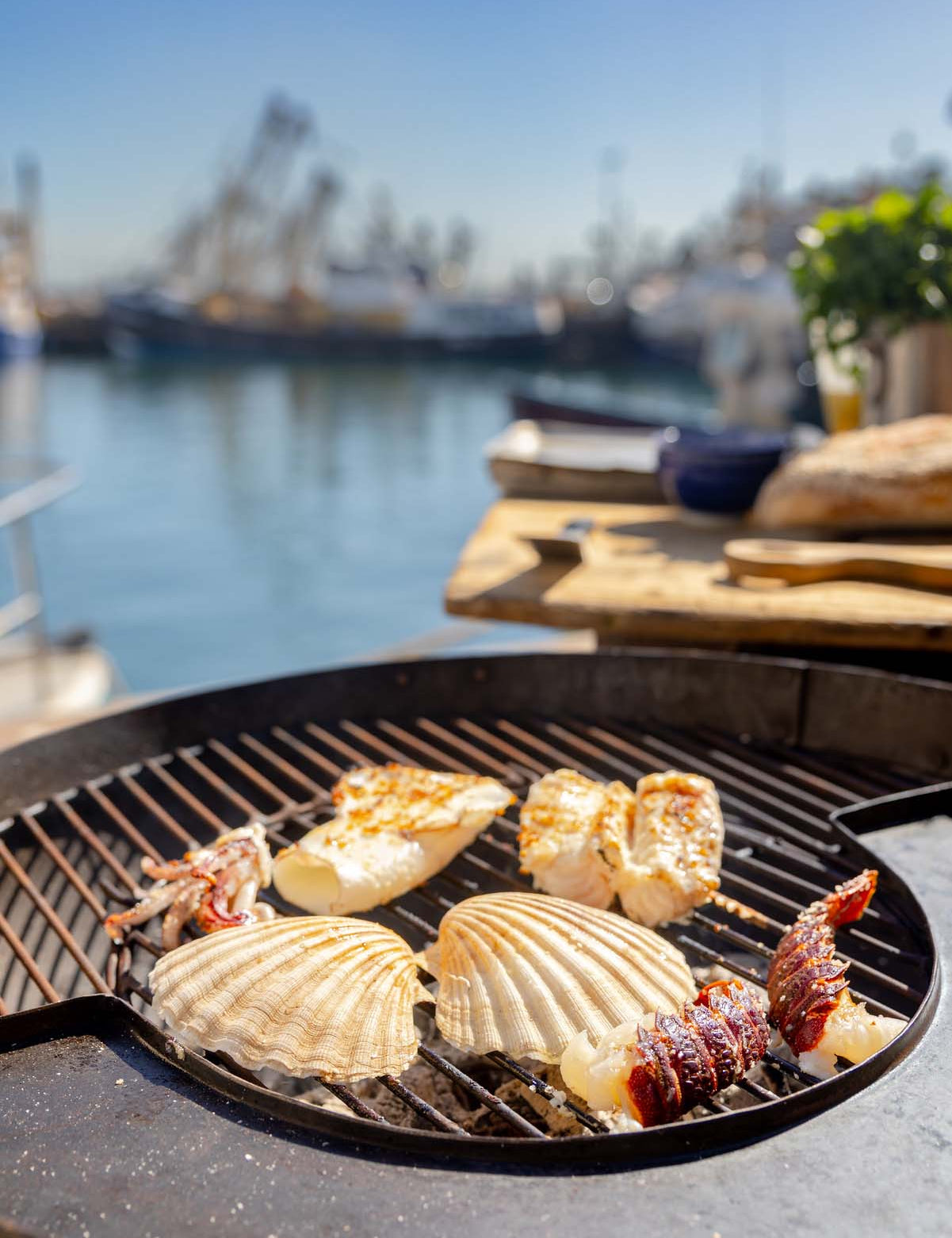 Seafood including scallops, lobster tail, squid and monkfish being cooked on a bbq at Brixham quayside