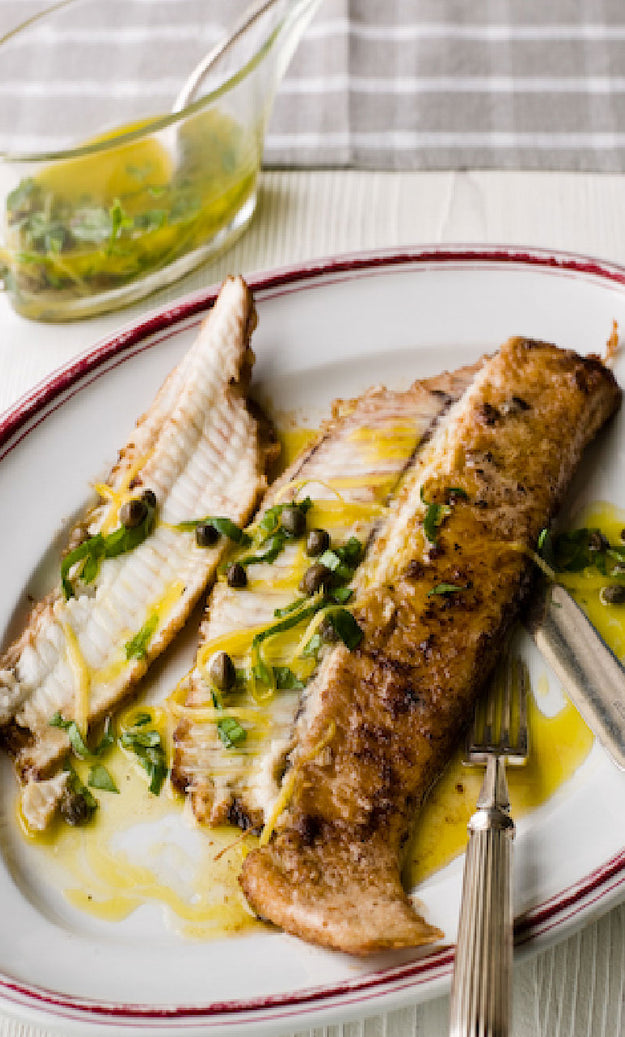 Grilled Dover sole with lemon and caper dressing