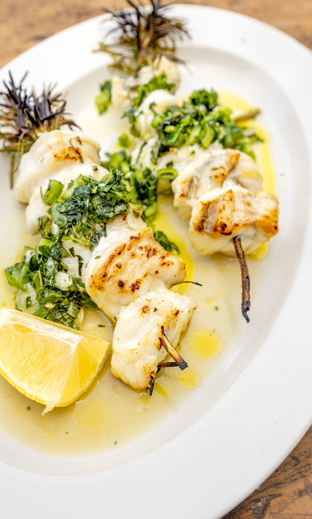 Monkfish and Rosemary Skewers with Salsa Verde