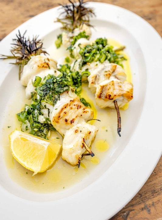 Monkfish and Rosemary Skewers with Salsa Verde