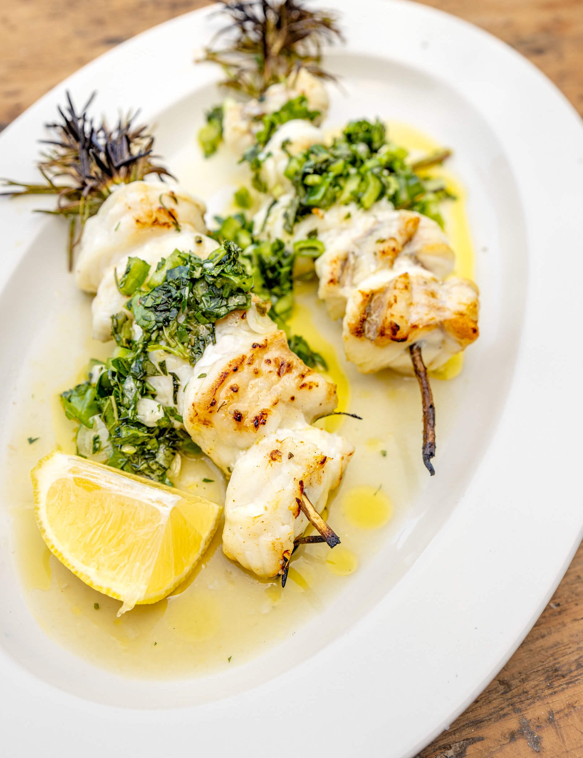 Monkfish skewers with chunky salsa verde