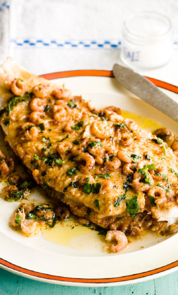 Lemon sole cooked in butter with brown shrimps