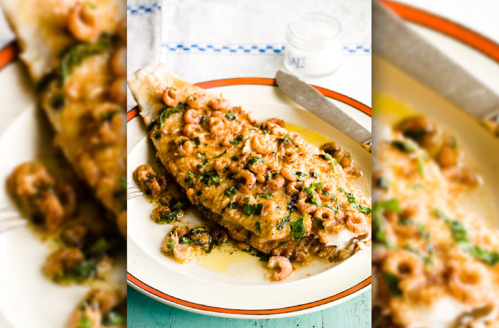 Lemon sole cooked in butter with brown shrimps