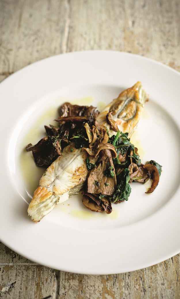 Plaice with porcini, garlic and parsley