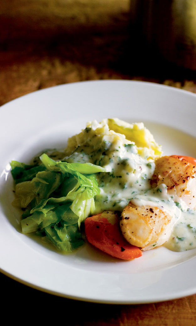 Seared scallops with buttered winter cabbage, champ and parsley sauce